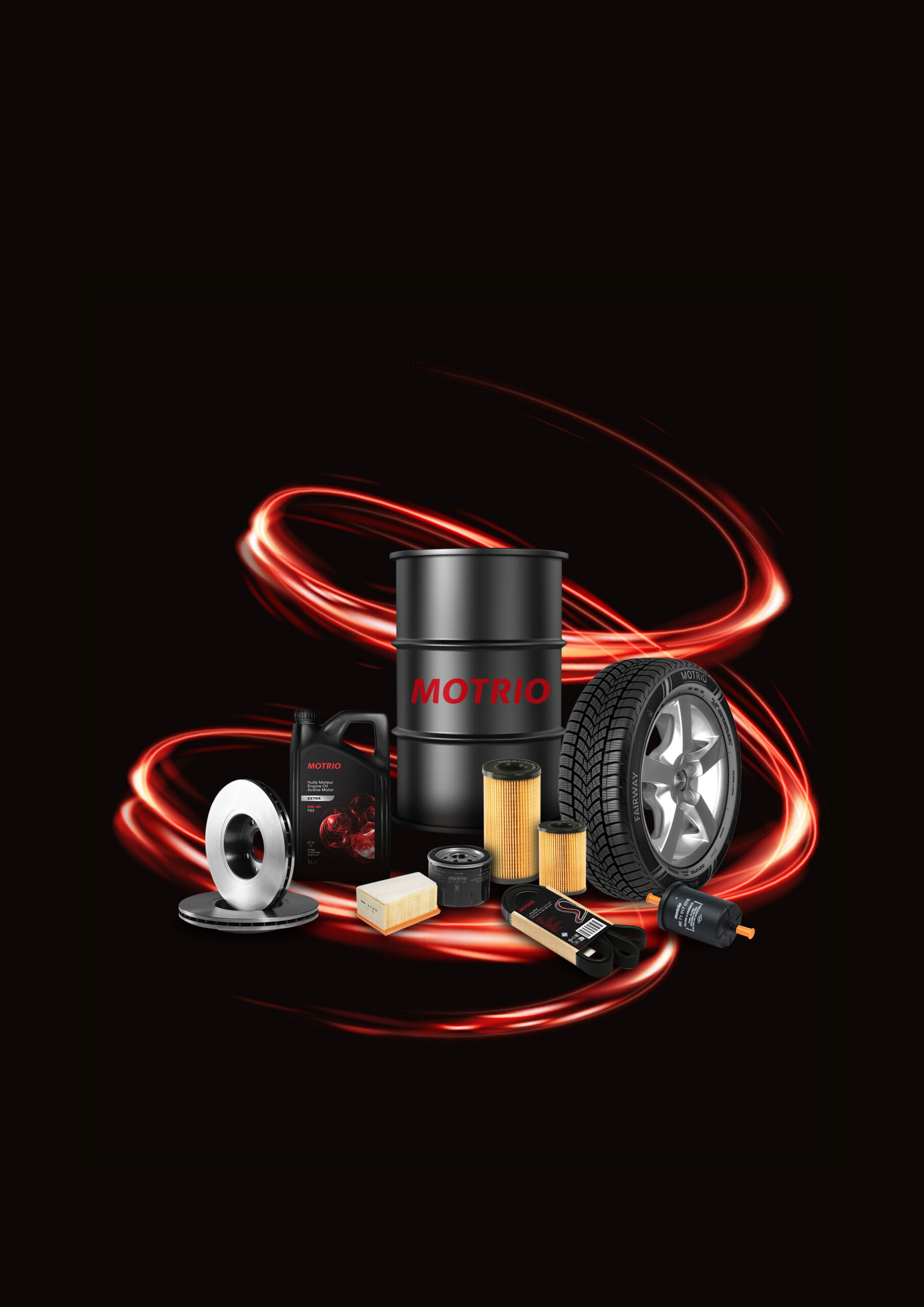 MOTRIO Products including Tyres, Oil, Oil Filters, Brake Discs, Air Filter, Fuel Filter.